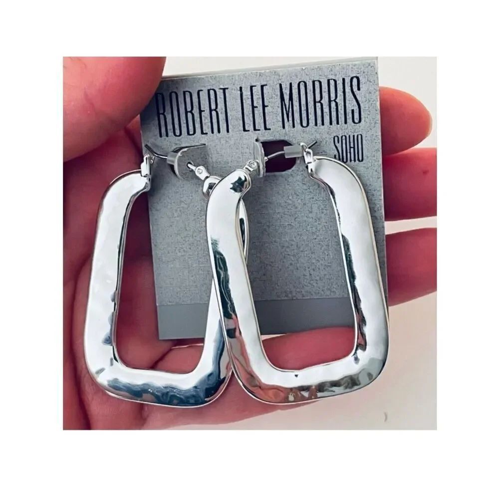 NWT Robert Lee Morris Soho Large Square Silver Polished Hammered Hoops earrings